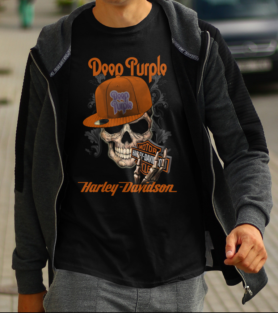 Deep Purple Harley Davidson Skull With Orange Hat T-Shirt
