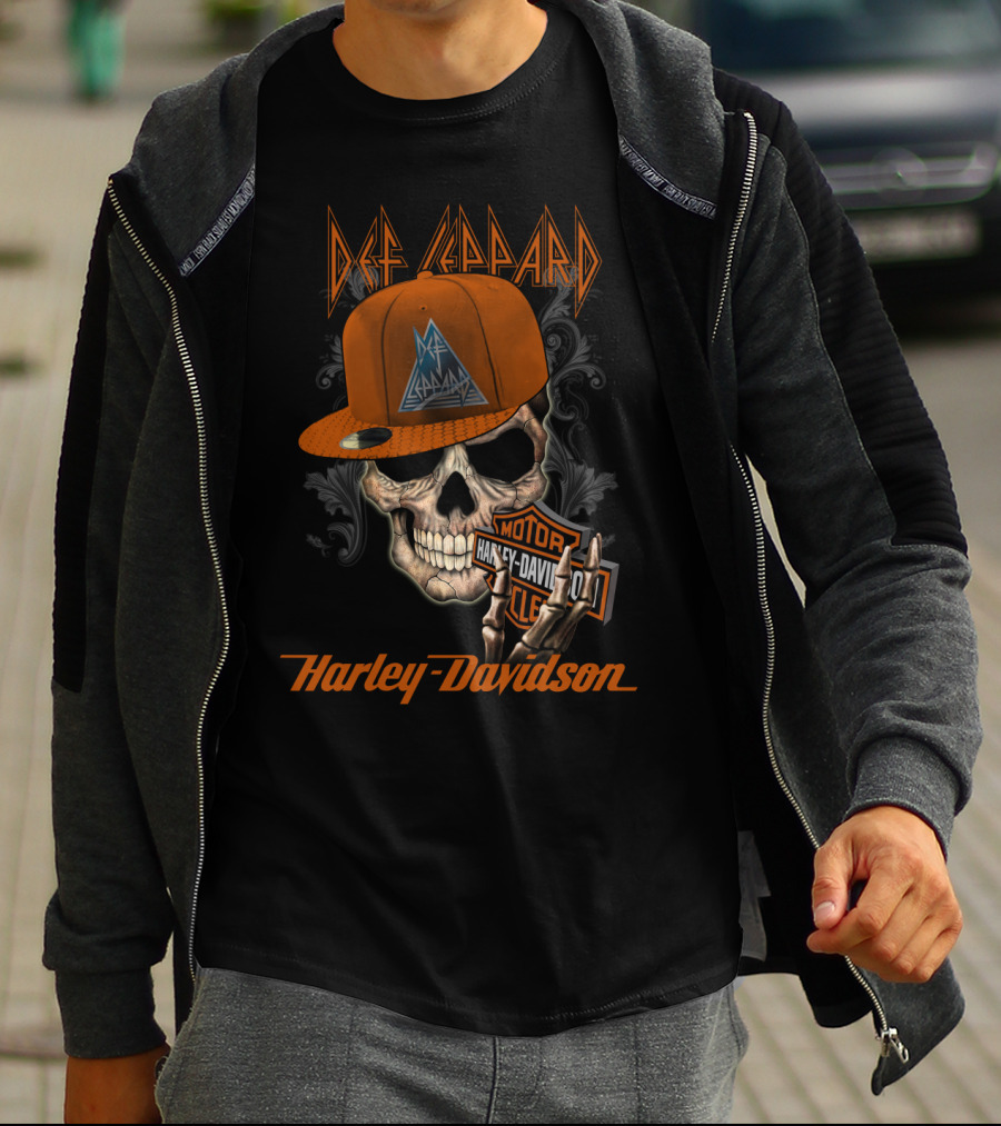 Def Leppard Harley Davidson Skull Cap Motor Cycle T-Shirt