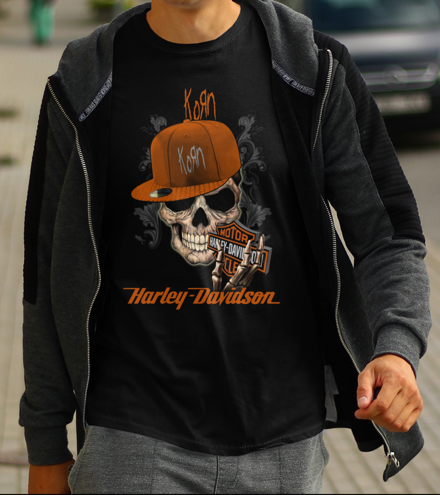 Korn Harley Davidson Skull With Orange Cap T-Shirt