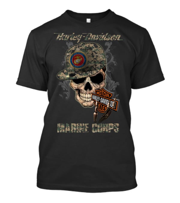 Harley Davidson Marine Corps Skull With Camo Cap T-Shirt