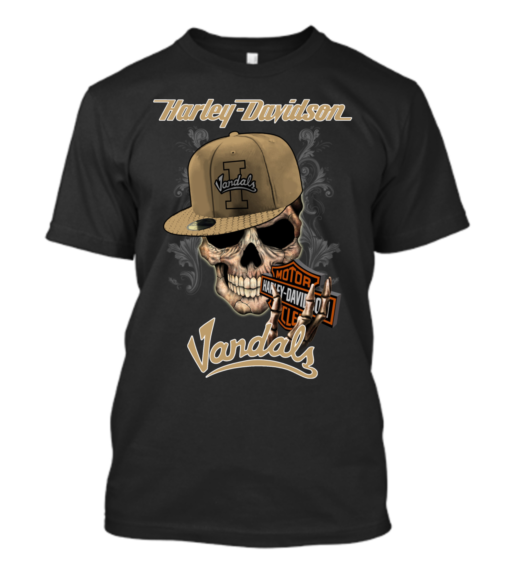 Harley Davidson Vandals Skull With Idaho Hat And Motor Badge T-Shirt
