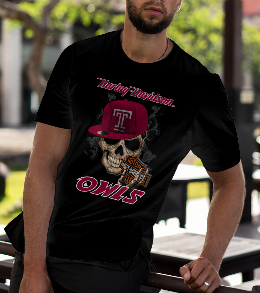Harley Davidson Temple Owls Skull With T Cap T-Shirt