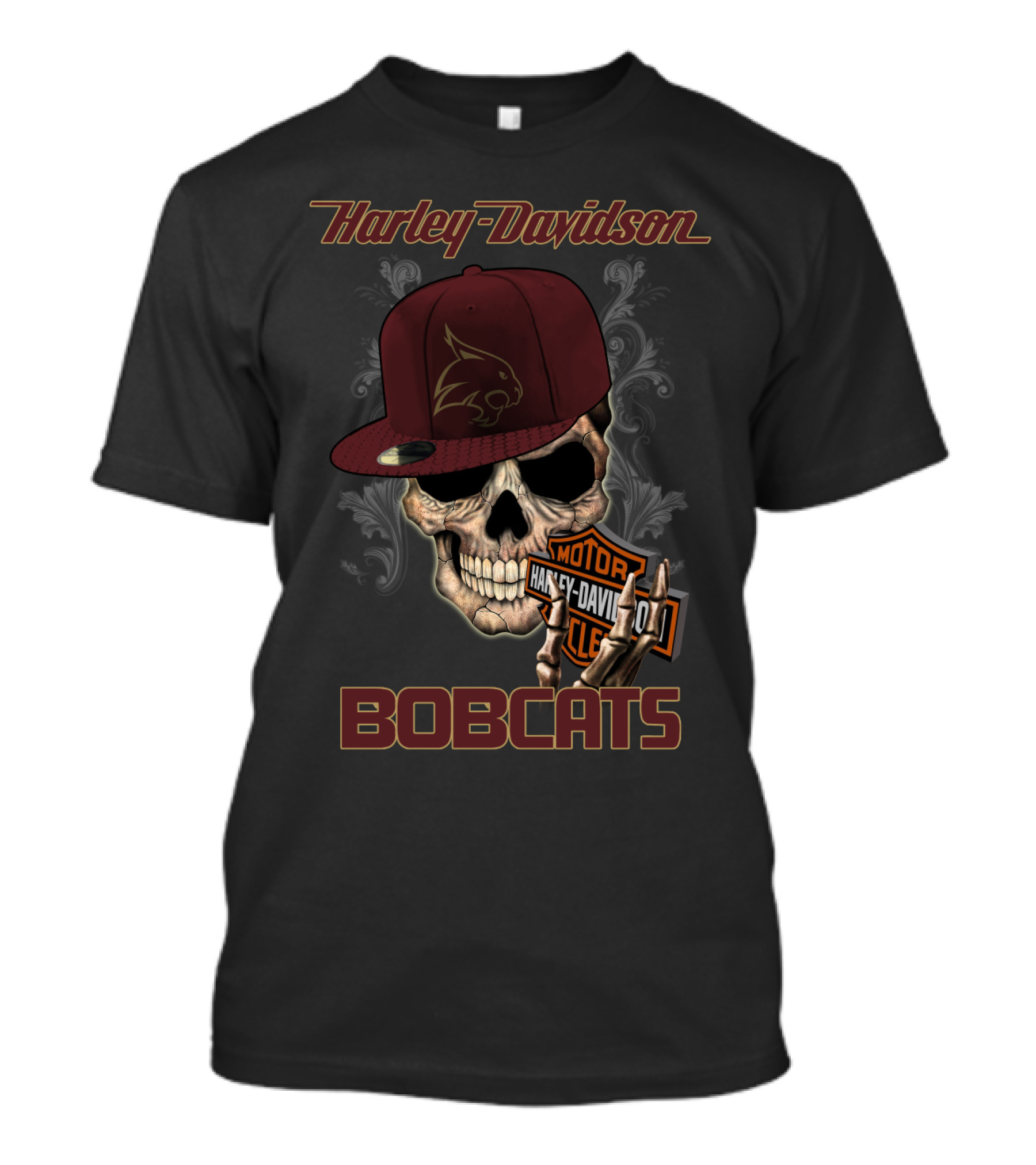 Harley Davidson Bobcats Skull With Texas State Emblem And Cap T-Shirt