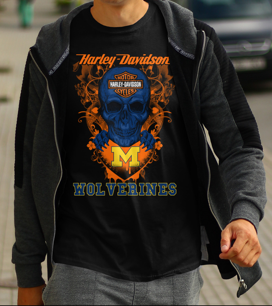 Harley Davidson Motor Cycles Skull Michigan Wolverines T-Shirt