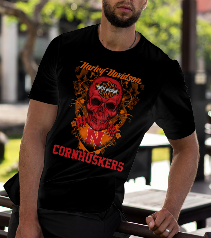 Harley Davidson Motor Cycles Nebraska Cornhuskers Skull T-Shirt