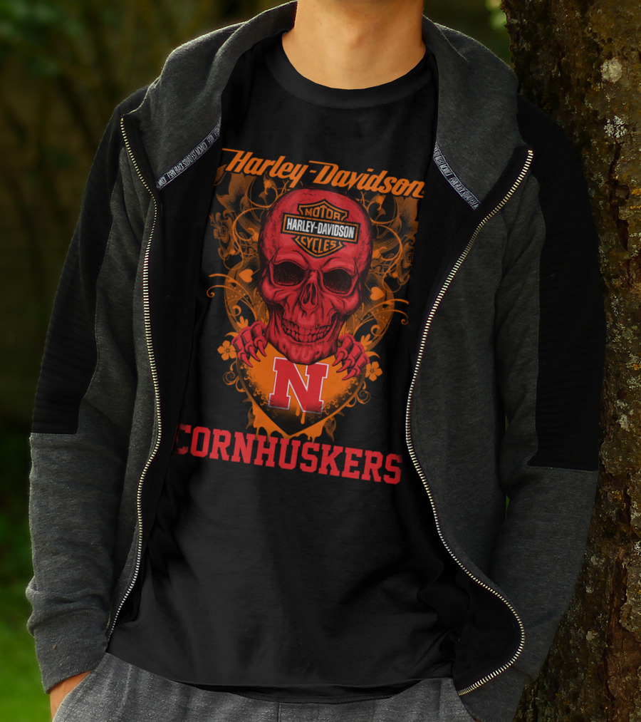 Harley Davidson Motor Cycles Nebraska Cornhuskers Skull T-Shirt