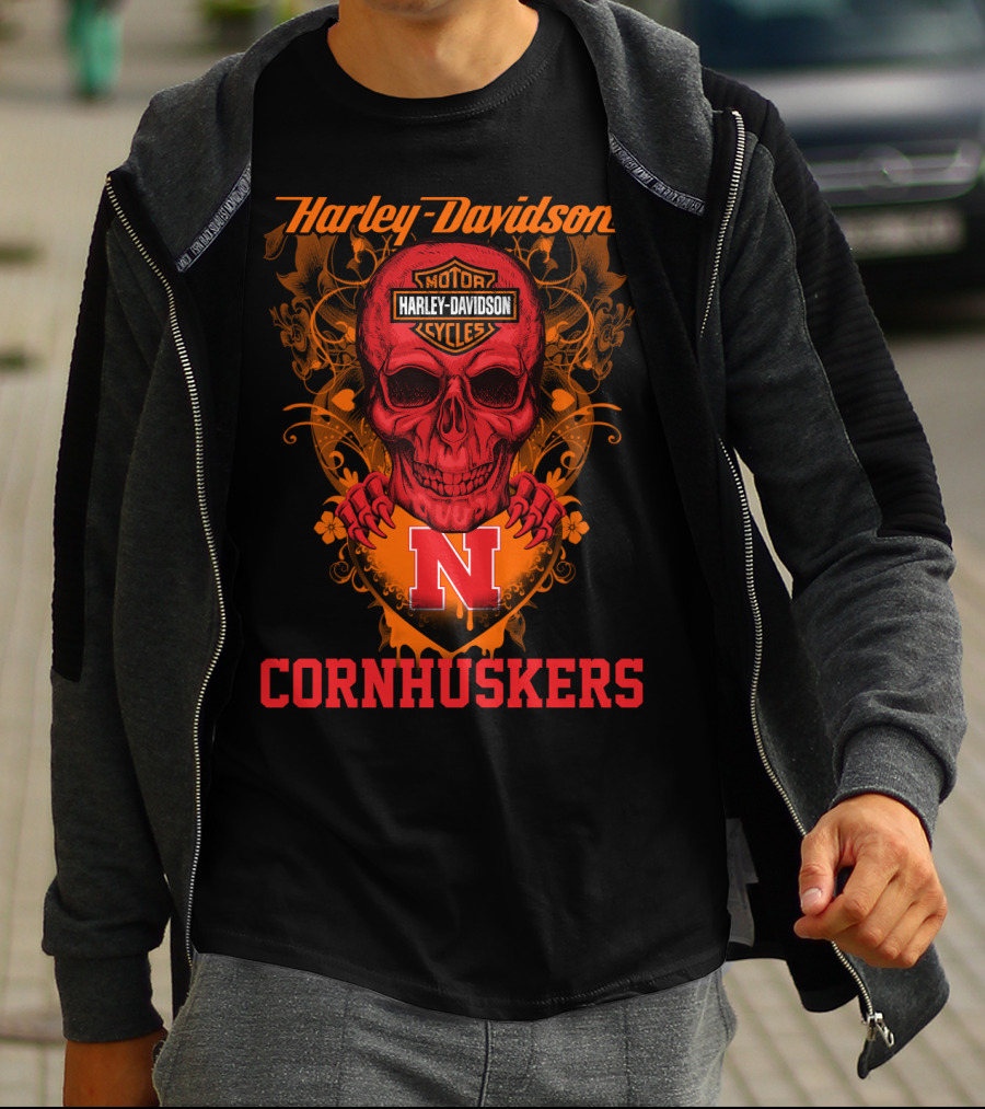 Harley Davidson Motor Cycles Nebraska Cornhuskers Skull T-Shirt