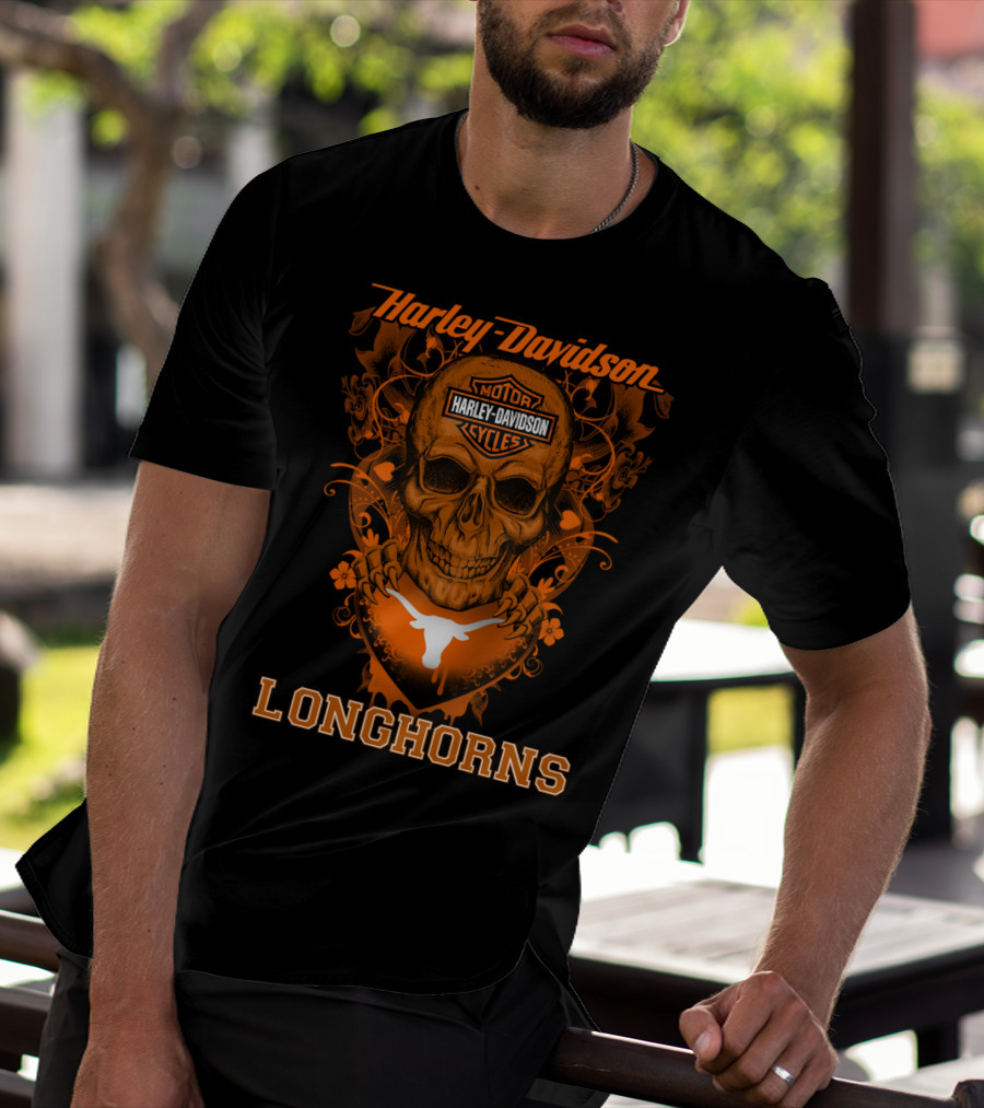 Harley Davidson Motor Cycles Skull Texas Longhorns T-Shirt