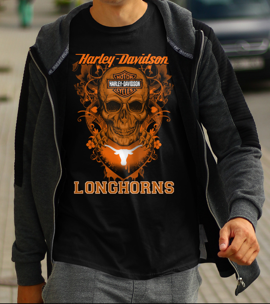 Harley Davidson Motor Cycles Skull Texas Longhorns T-Shirt