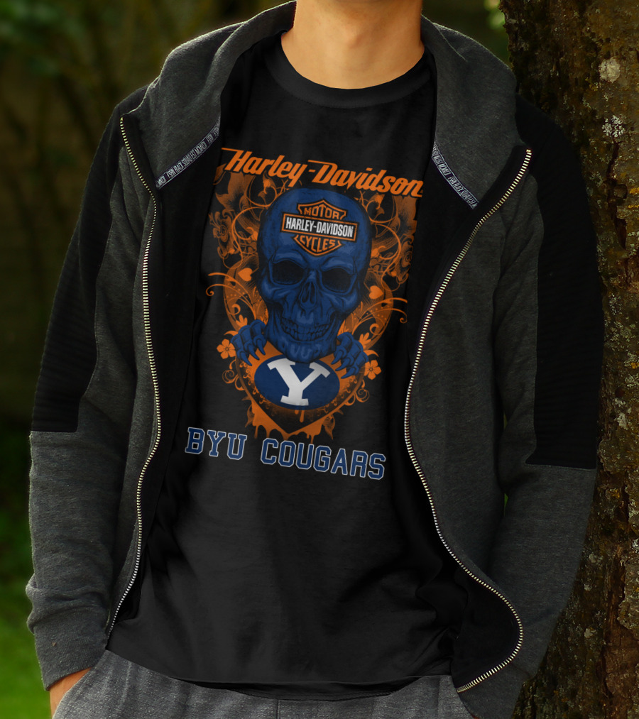 Harley Davidson Blue Skull With Byu Cougars T-Shirt