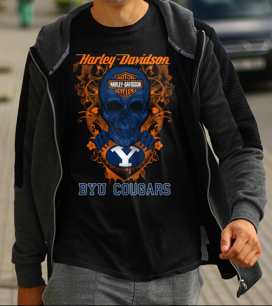 Harley Davidson Blue Skull With Byu Cougars T-Shirt
