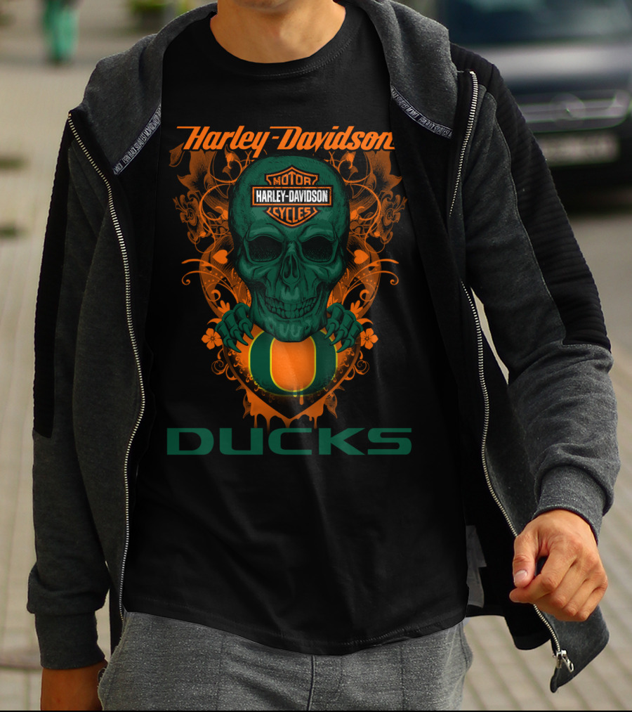 Harley Davidson Motorcycles Oregon Ducks Skulls T-Shirt