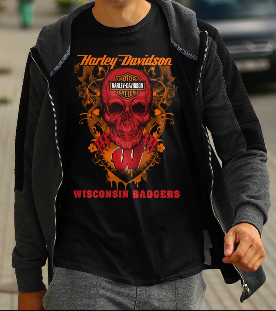 Harley Davidson Skull Motorcycles Wisconsin Badgers T-Shirt