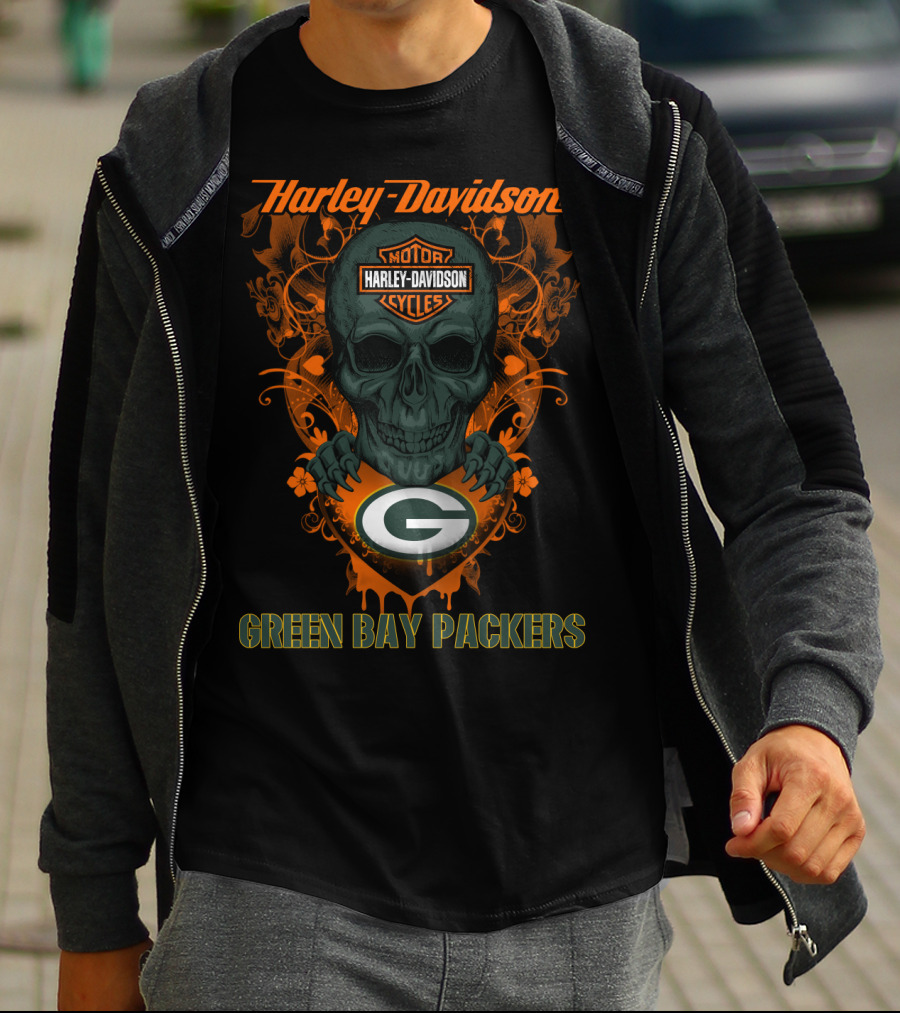 Harley Davidson Motor Cycles Skull Green Bay Packers T-Shirt