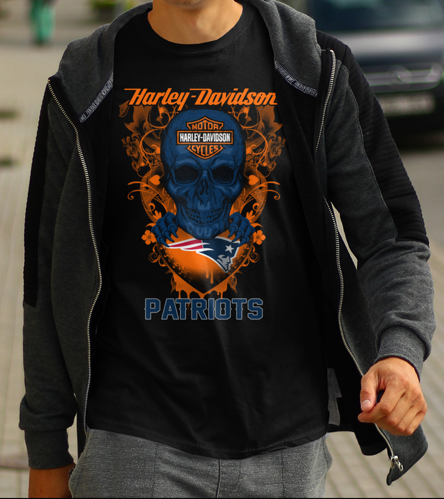 Harley Davidson Motorcycles Skull New England Patriots T-Shirt