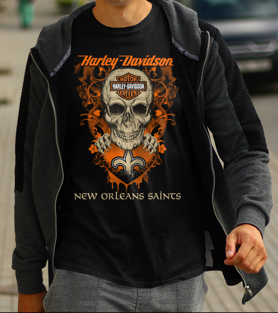 Harley Davidson New Orleans Saints Skull And Fleur-De-Lis T-Shirt