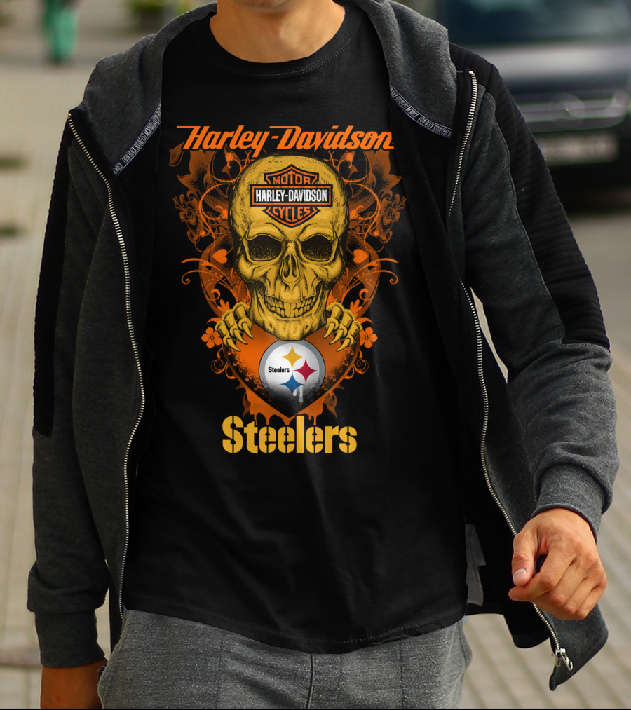 Harley Davidson Motorcycles Skull With Pittsburgh Steelers T-Shirt