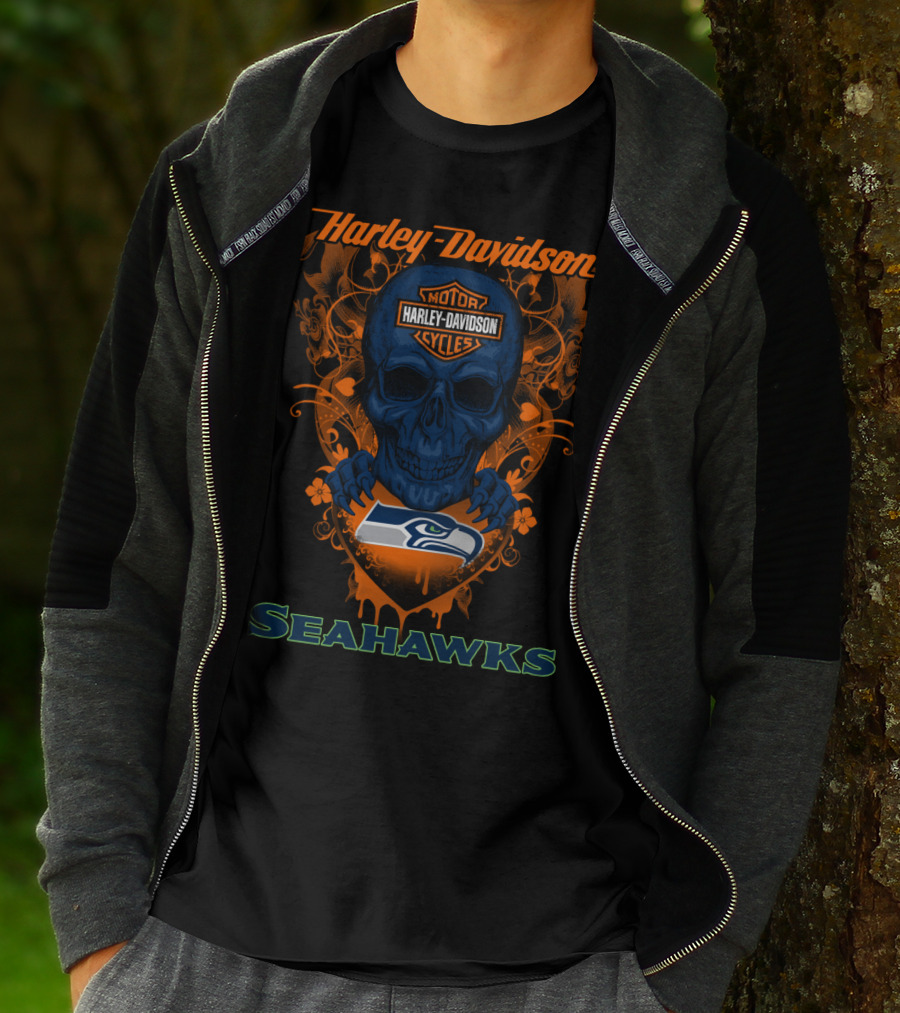 Harley Davidson Motor Cycles Seattle Seahawks Skull T-Shirt