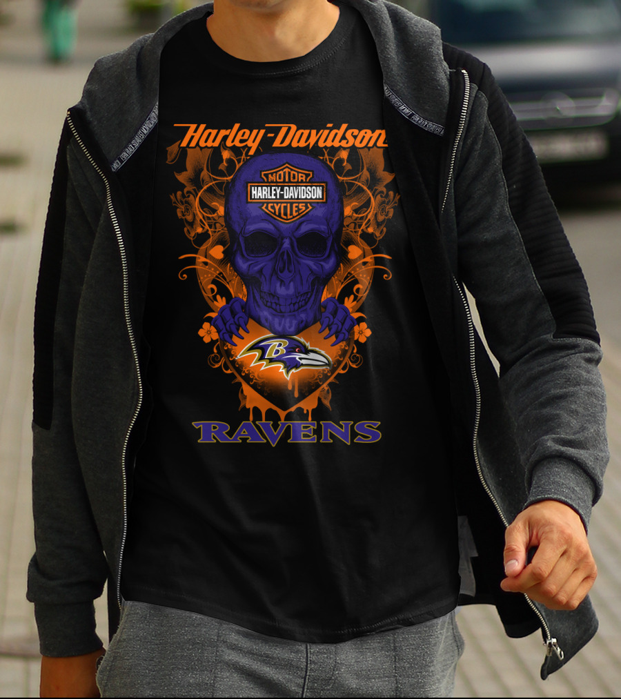 Harley Davidson Baltimore Ravens Skull Motor Cycles T-Shirt