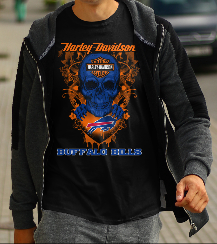 Harley Davidson Motorcycles Buffalo Bills Nfl Skull And Shield T-Shirt