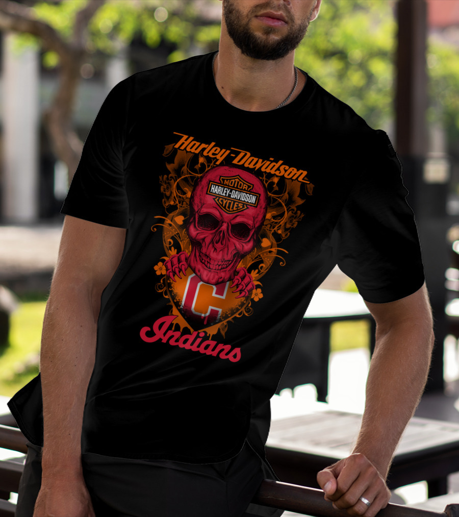 Harley Davidson Motor Cycles Skull Cleveland Indians T-Shirt