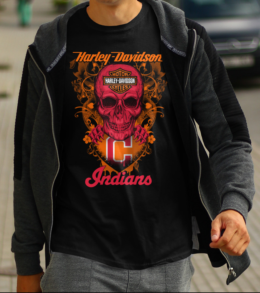 Harley Davidson Motor Cycles Skull Cleveland Indians T-Shirt