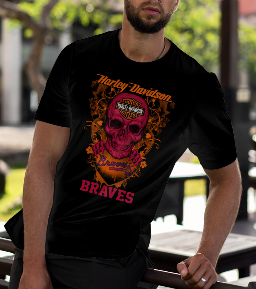 Harley Davidson Braves Skull Design With Motor Cycles T-Shirt