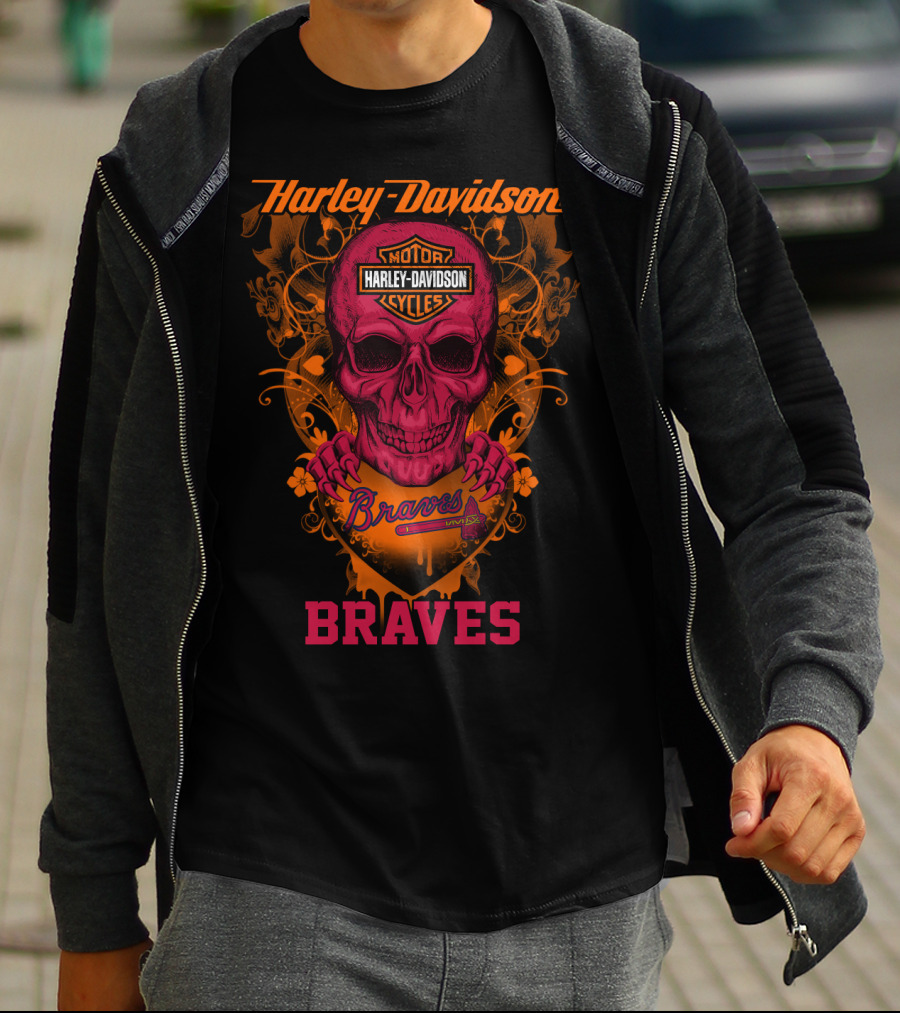 Harley Davidson Braves Skull Design With Motor Cycles T-Shirt