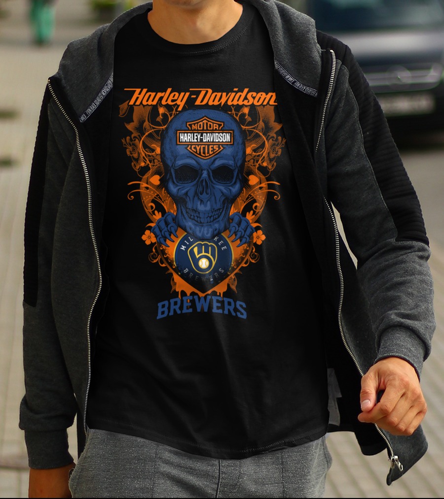 Harley Davidson Motorcycles Milwaukee Brewers Skull T-Shirt