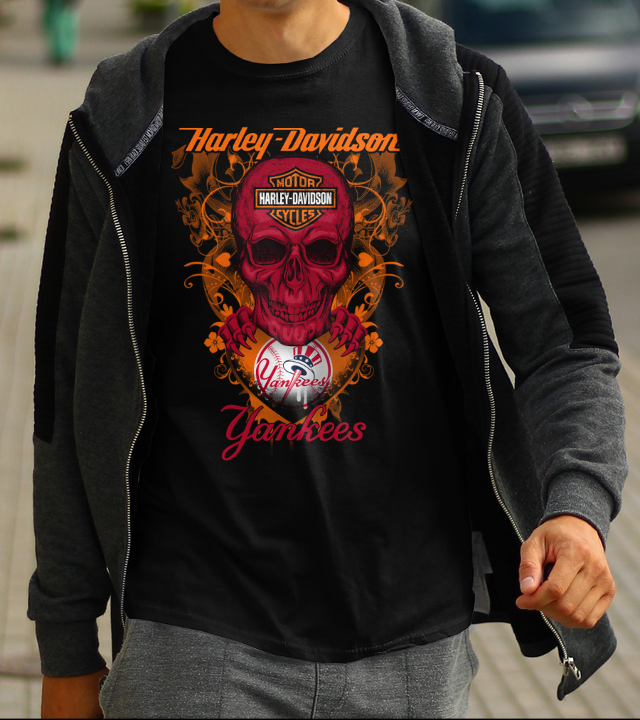 Harley Davidson Motor Cycles Skull Yankees T-Shirt