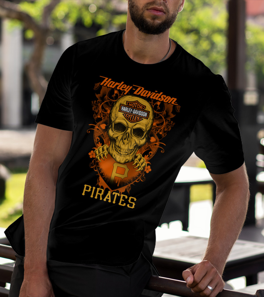 Harley Davidson Motor Cycles Skull Pittsburgh Pirates T-Shirt