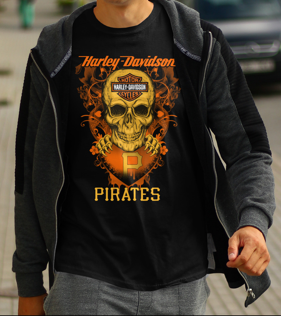 Harley Davidson Motor Cycles Skull Pittsburgh Pirates T-Shirt