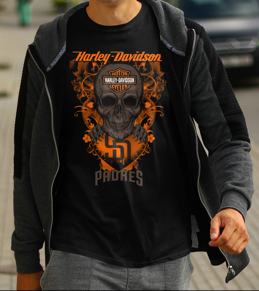 Harley Davidson Motor Cycles Skull San Diego Padres T-Shirt