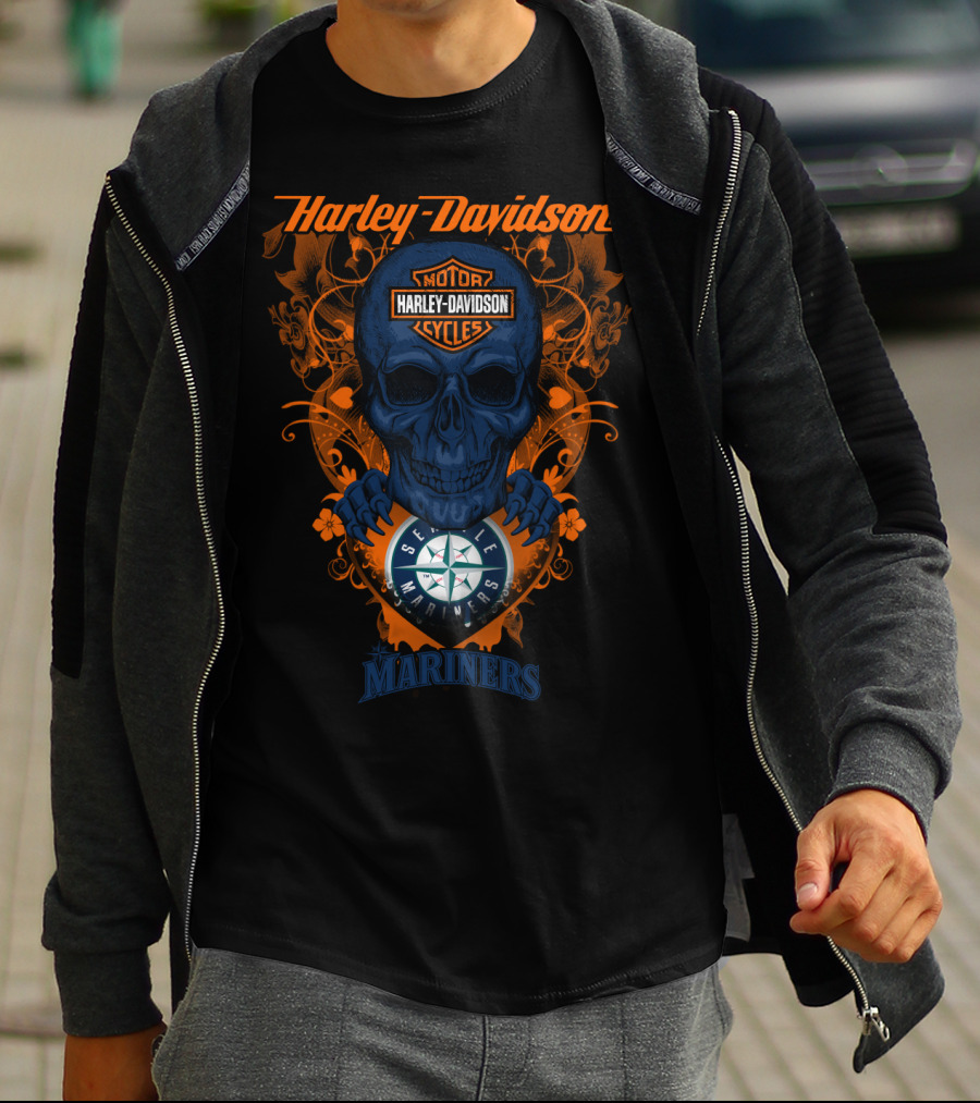 Harley Davidson Motor Cycles Seattle Mariners Skull T-Shirt