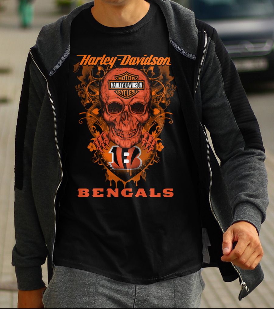 Harley Davidson Motor Cycles Skull Cincinnati Bengals T-Shirt