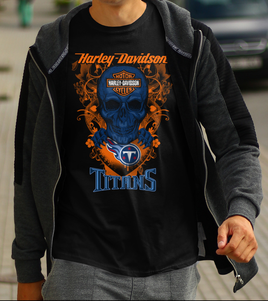 Harley Davidson Motor Cycles Skull With Tennessee Titans T-Shirt