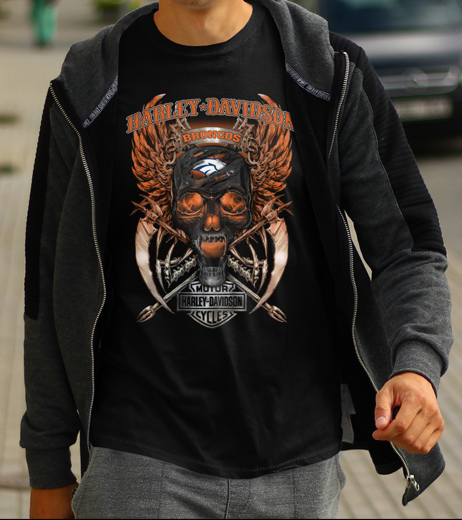 Harley Davidson Broncos Denver Broncos Nfl Skull And Wings T-Shirt