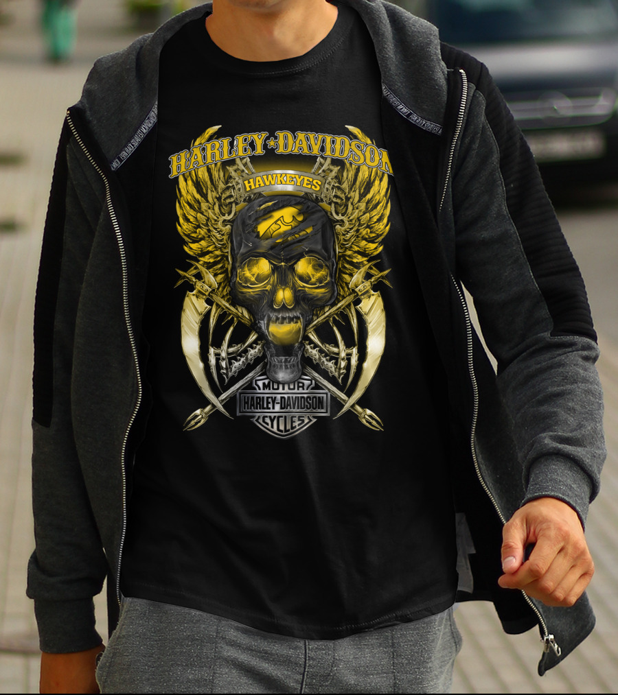 Harley Davidson Hawkeyes Motor Cycles Skull T-Shirt