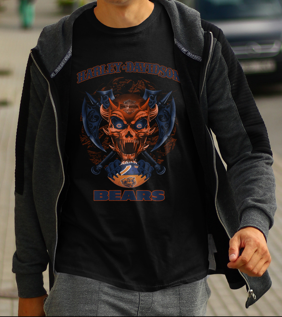 Harley Davidson Chicago Bears Scary Skull Motor Cycles T-Shirt