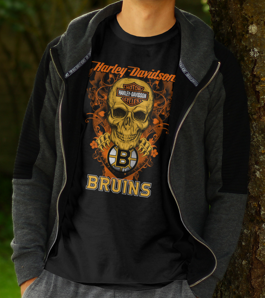 Harley Davidson Motor Cycles Skull Boston Bruins Nhl T-Shirt
