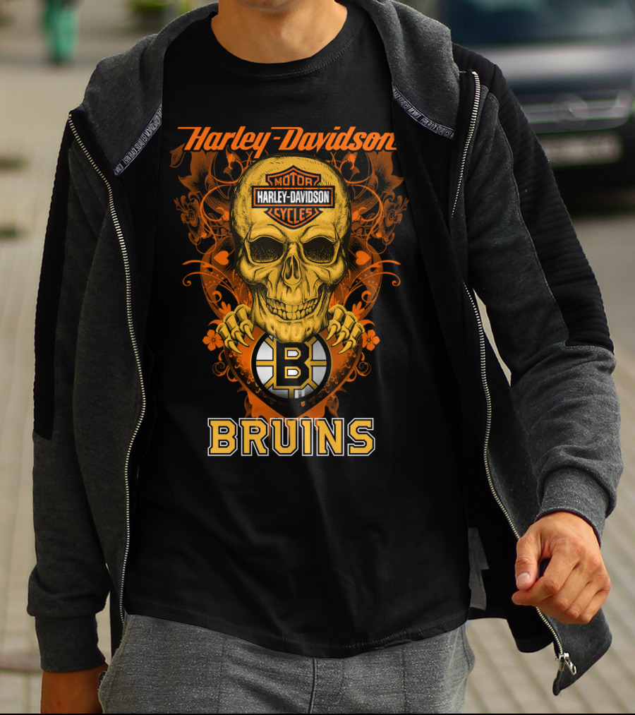 Harley Davidson Motor Cycles Skull Boston Bruins Nhl T-Shirt