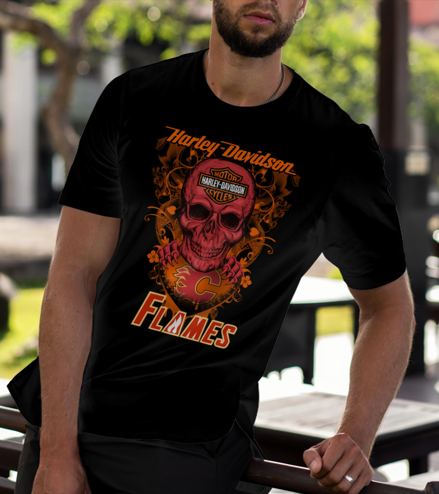 Harley Davidson Calgary Flames Nhl Skull Flames T-Shirt