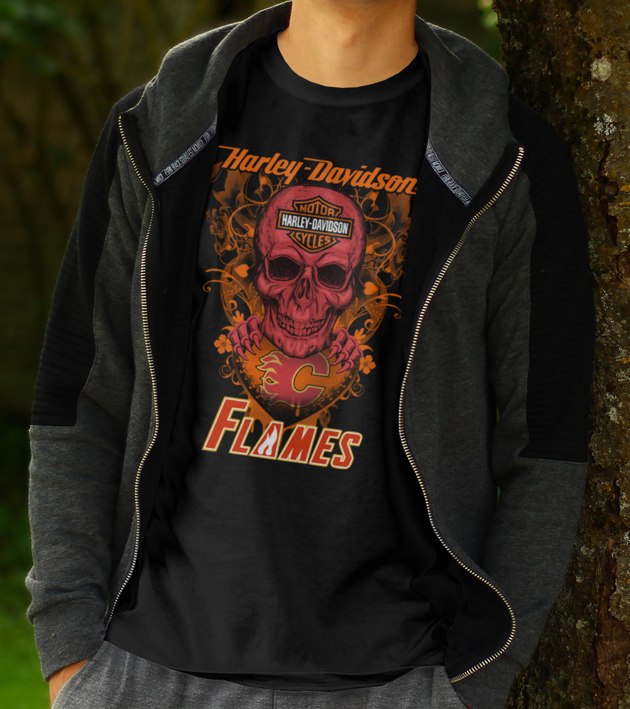 Harley Davidson Calgary Flames Nhl Skull Flames T-Shirt