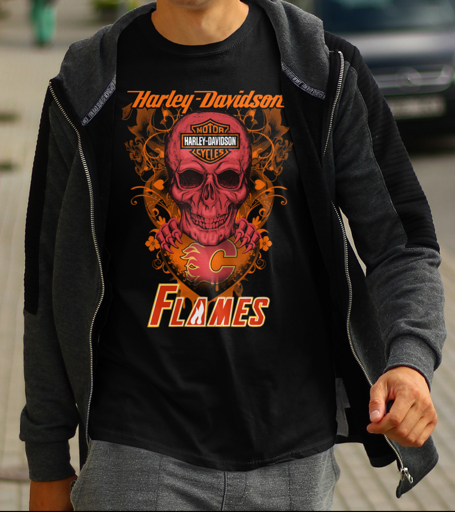 Harley Davidson Calgary Flames Nhl Skull Flames T-Shirt