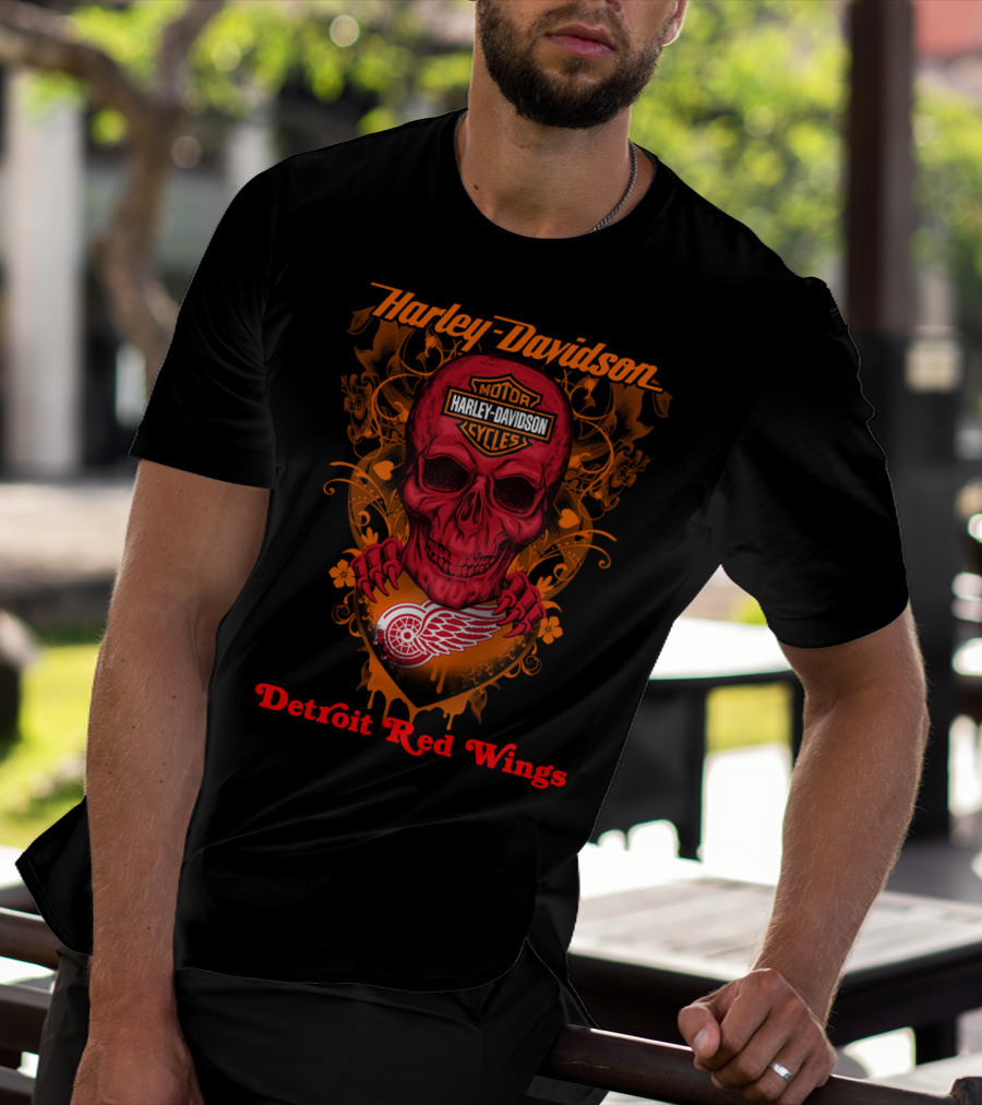 Harley Davidson Motor Cycles Skull Detroit Red Wings T-Shirt