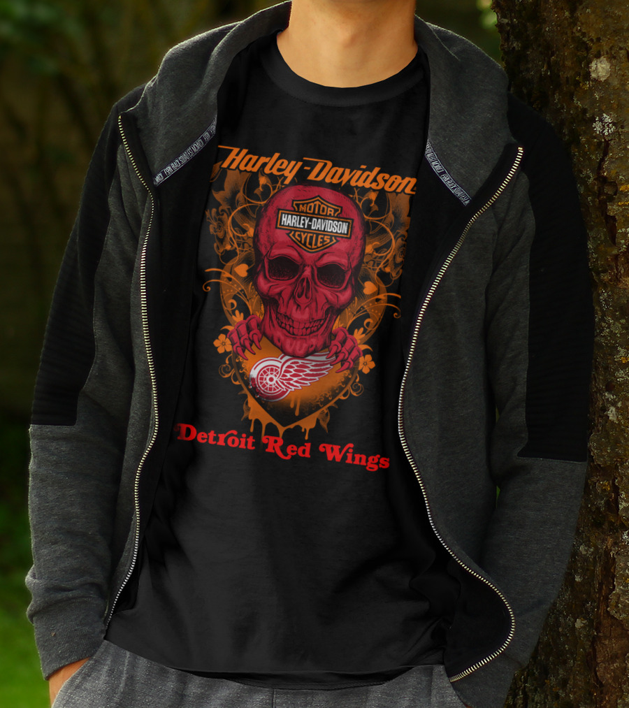 Harley Davidson Motor Cycles Skull Detroit Red Wings T-Shirt