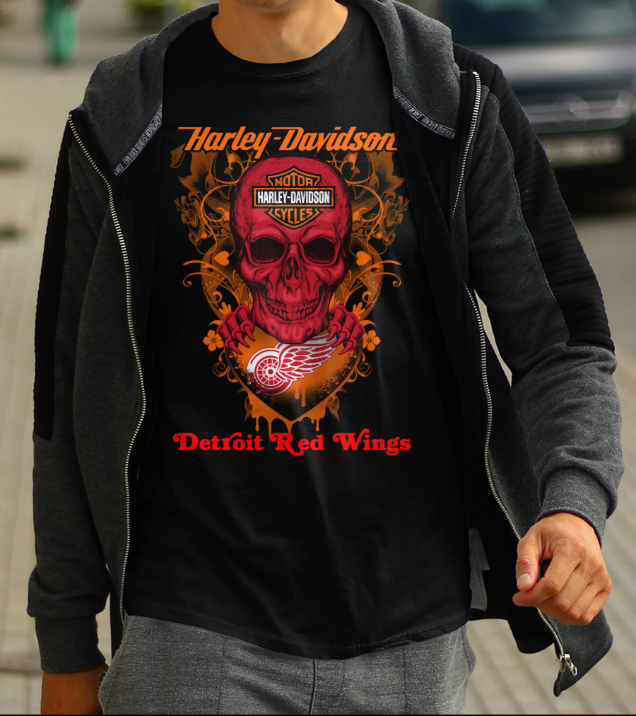 Harley Davidson Motor Cycles Skull Detroit Red Wings T-Shirt