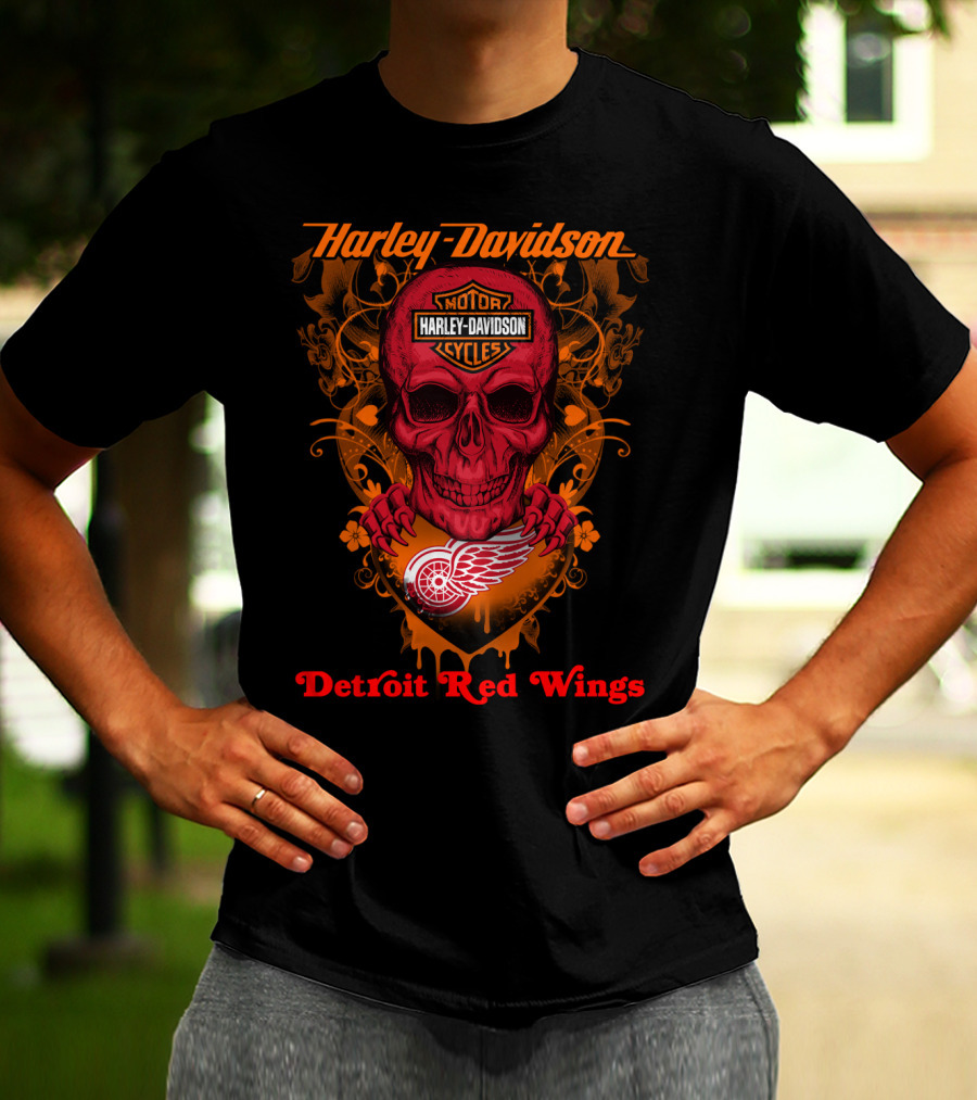 Harley Davidson Motor Cycles Skull Detroit Red Wings T-Shirt