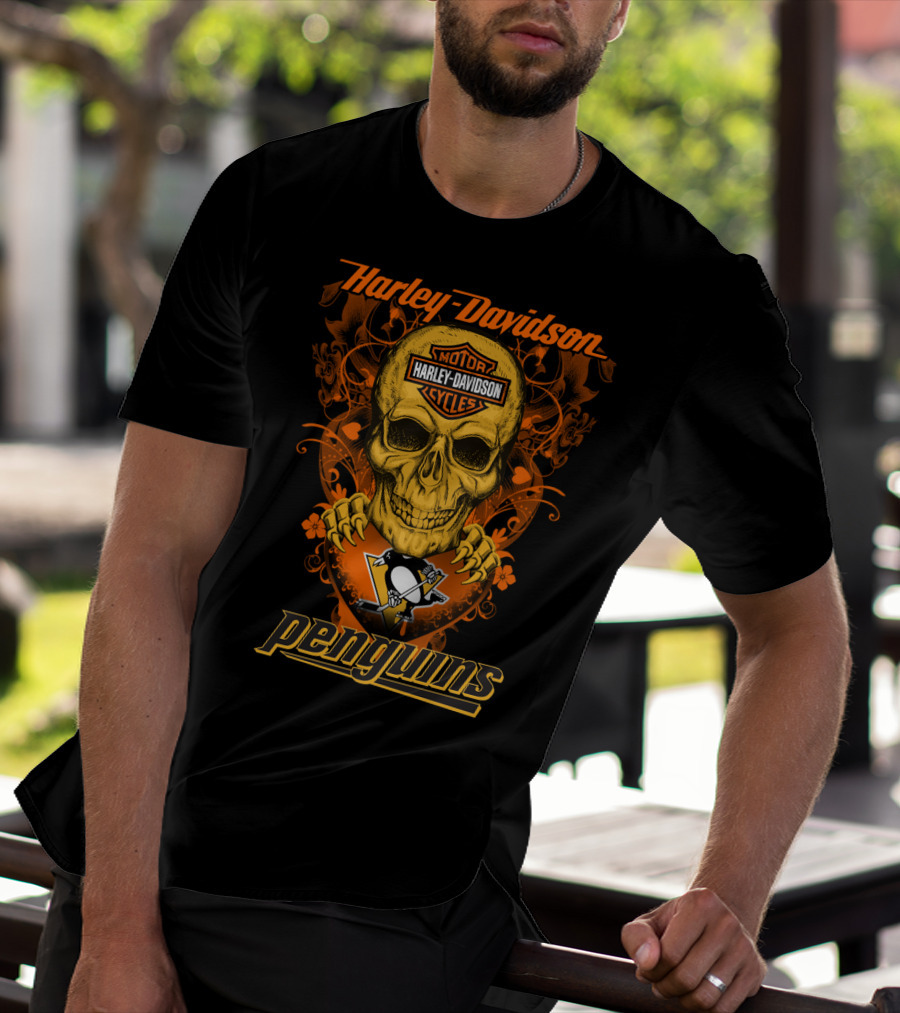 Harley Davidson Motor Cycles Skull Penguins Nhl Pittsburgh T-Shirt