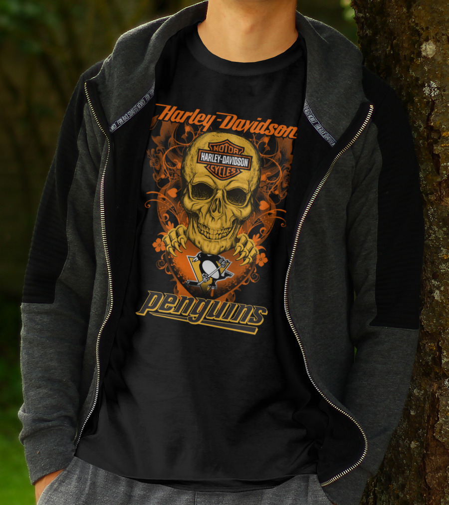 Harley Davidson Motor Cycles Skull Penguins Nhl Pittsburgh T-Shirt